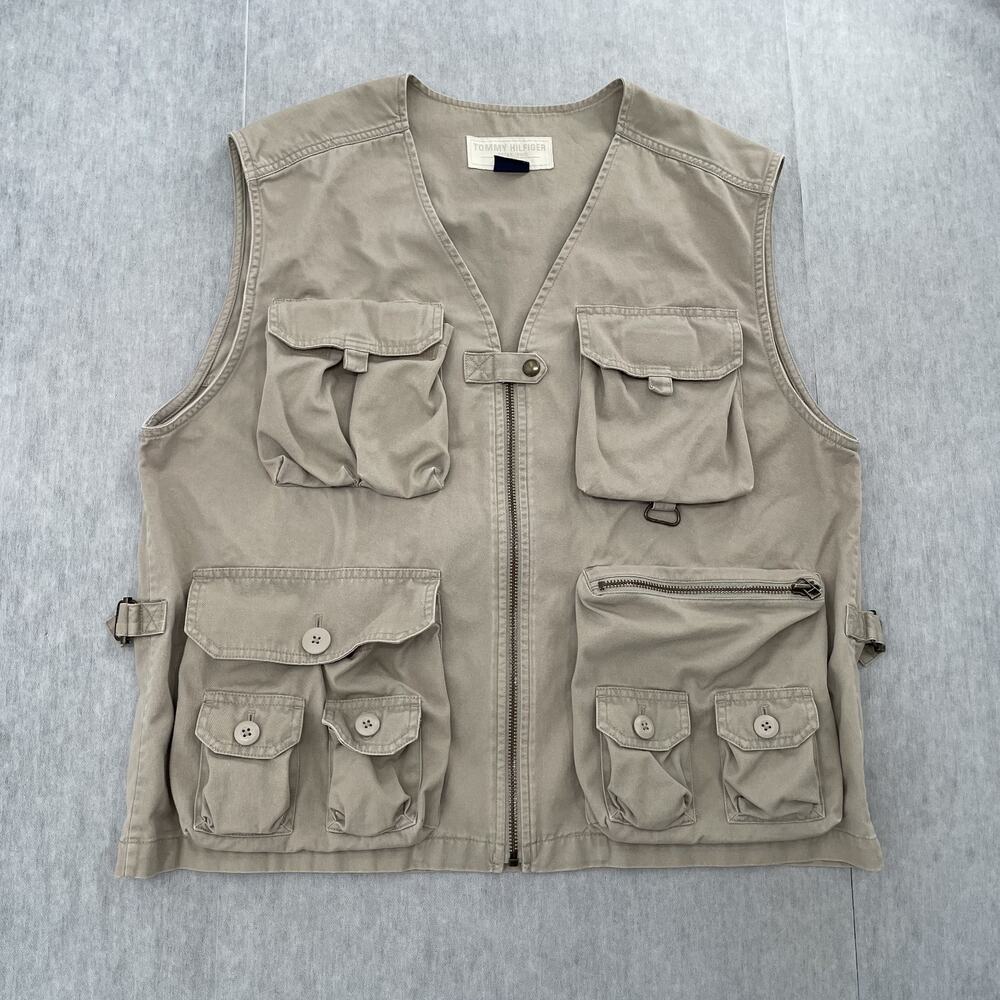 VINTAGE Tommy Hilfiger Vest Adult Large Beige Utility Fishing Hunting Hiking Men